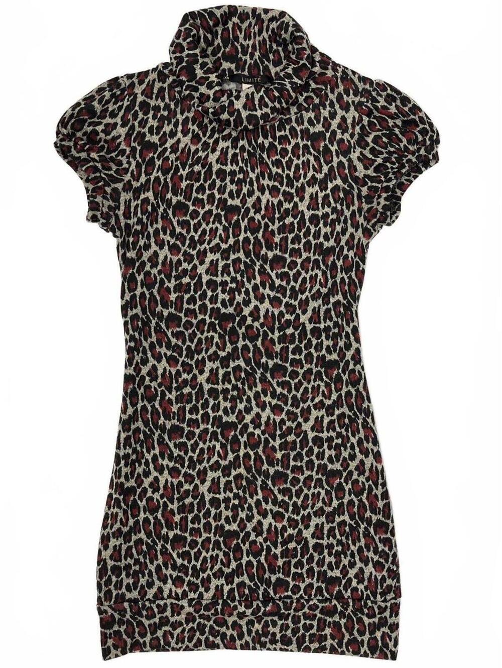 Vintage "Limite USA Made Grey Red Black Leopard Print Turtleneck Mini Dress Sz S